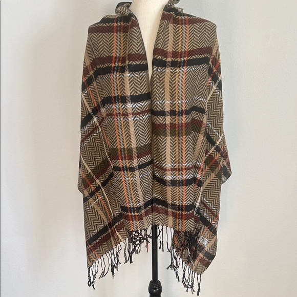 pashmina Accessories - Pashmina Scarf Brown Herringbone Plaid Silk/Pashmina Fringed Wrap Shawl 68x28